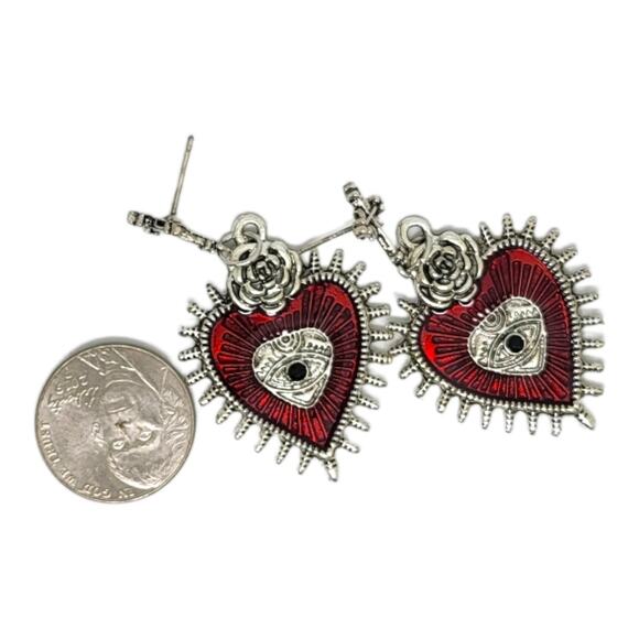 Silvertone Goth Red Enamel Heart Pieced Earrings Drop Dangle - Picture 3 of 3